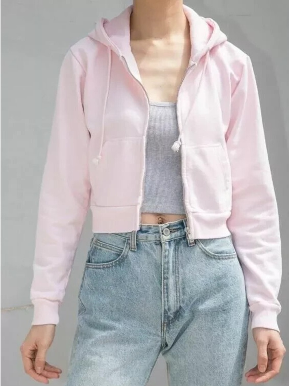 Brandy Melville Soft Light Pink Cropped Zip Hoodie